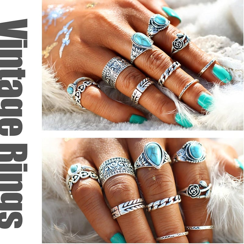 17mile 82 Pcs Vintage Silver Knuckle Rings Set for Women, Bohemian Stackable Joint Finger Rings, Retro Stone Crystal Stacking Midi Rings Pack - Image 5